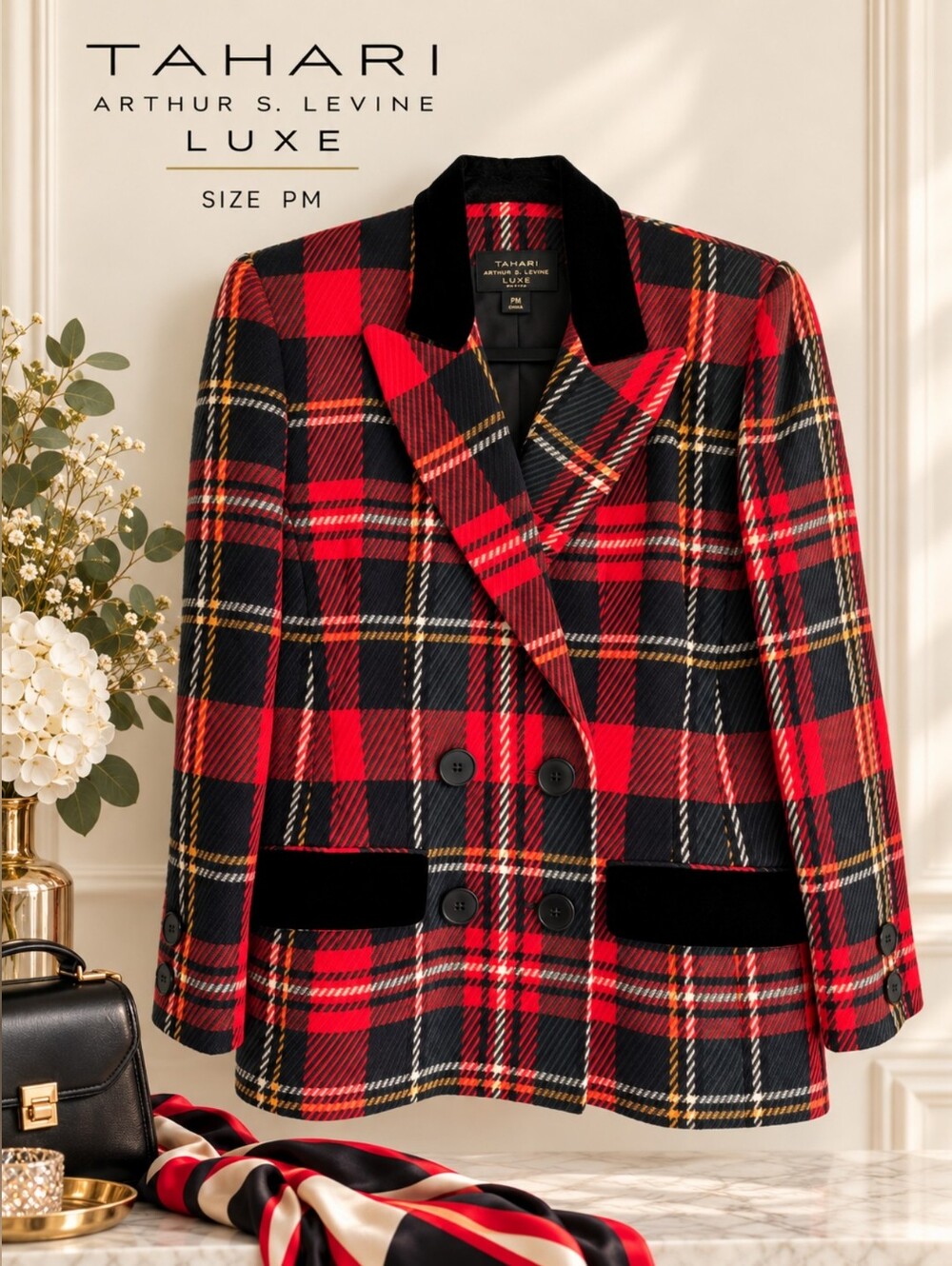 ❤️EUC Tahari Arthur Levine Luxe Wool Multicolor Plaid Blazer, Size PM